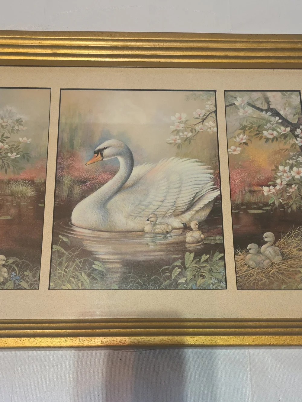 Vintage Triptych Framed Swan Print with Gold Resin Frame Cottagecore 19x14
